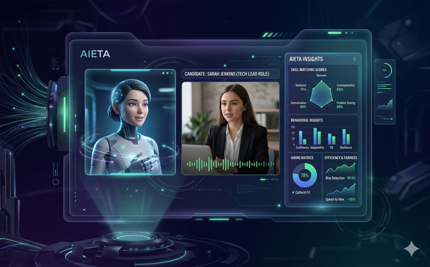 AIETA scoring a live interview: skill-matching, behavioural insight and hiring-efficiency signals surfaced beside the conversation.