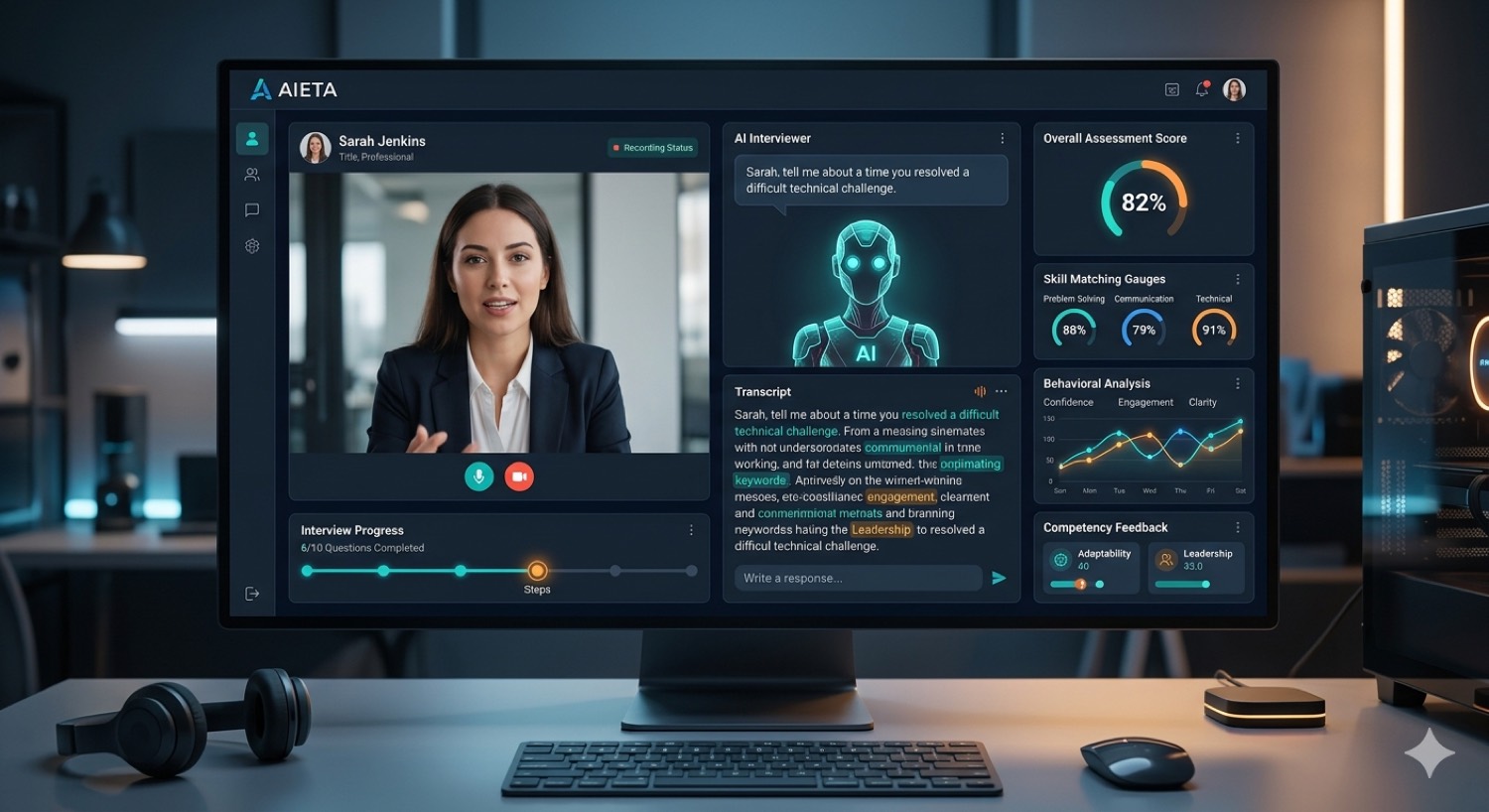 An AIETA interview in progress, with real-time competency scoring, skill-match gauges and behavioural analysis alongside the transcript.