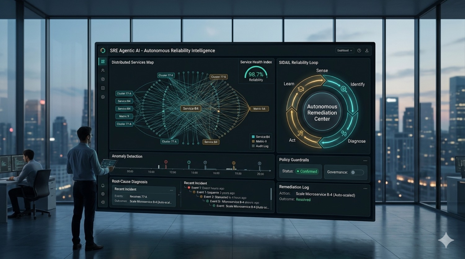 SRE Agentic AI: a distributed services map, the SIDAIL reliability loop around an autonomous remediation centre, anomaly detection and policy guardrails.
